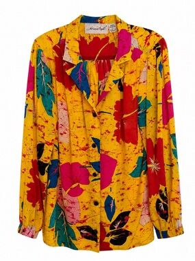 Vintage Adrianna Papell Yellow Abstract Floral Statement Blouse Size 10